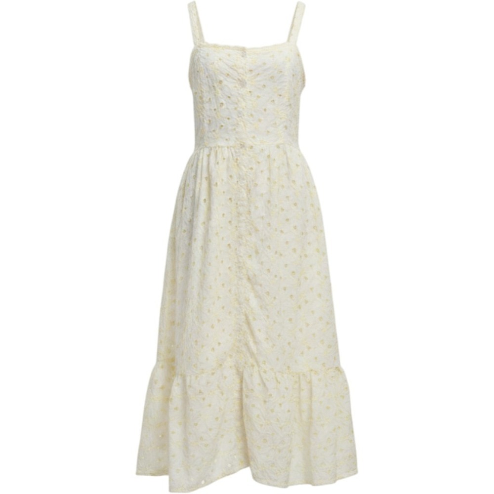 Yellow Floral Eyelet Midi Dress White Cotton Button Front Smocked Back Sun Dress
